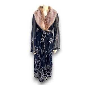 BCBGMaxAzria Sheer Embroidered Fur Trim Kimono